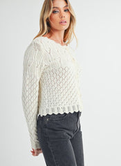 White pointelle cardigan with wavy hem