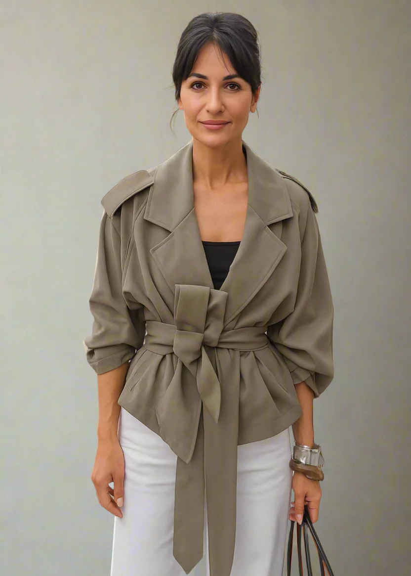 Khaki wrap jacket with tie belt and 3/4 sleeves