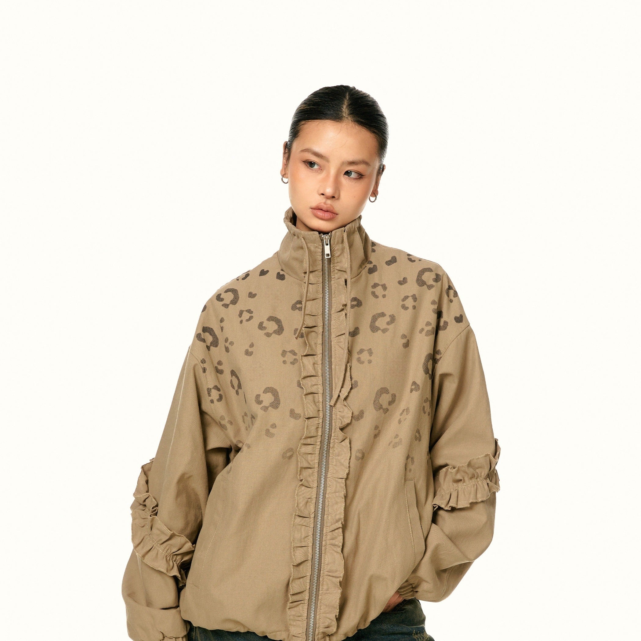 Khaki bomber jacket with leopard print and ruffle details