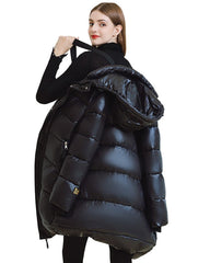 Long padded jacket with hood and zippers