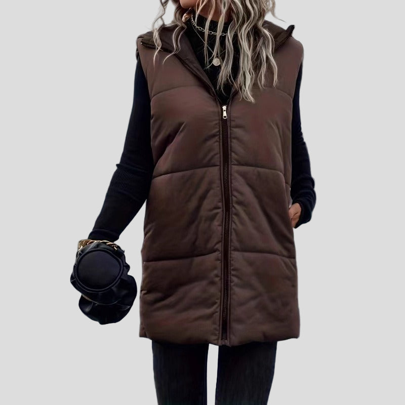Brown long puffer vest – with hood