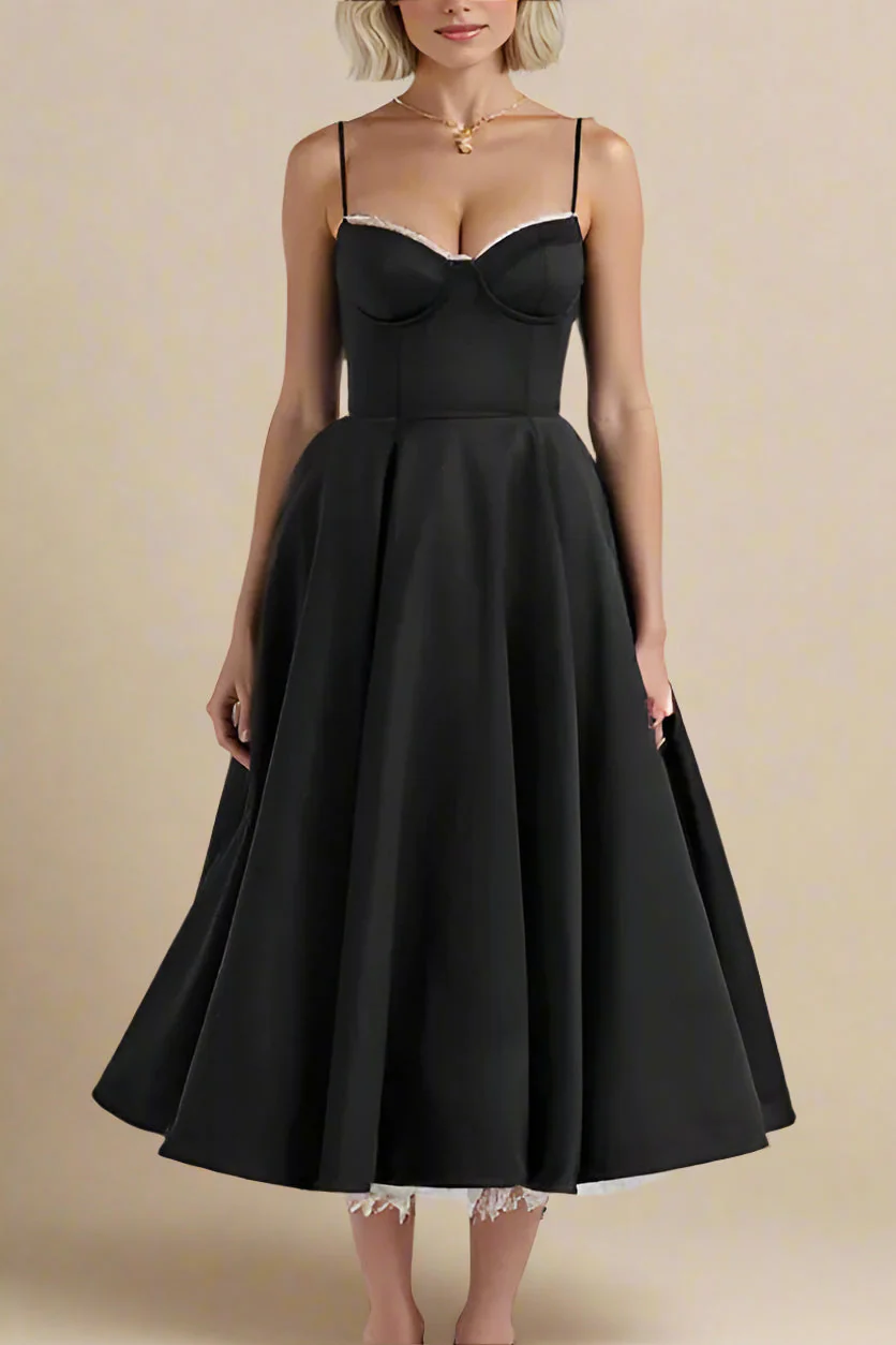 Corset midi dress with lace and thin straps