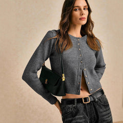 Short cardigan with ribbed edges and button placket