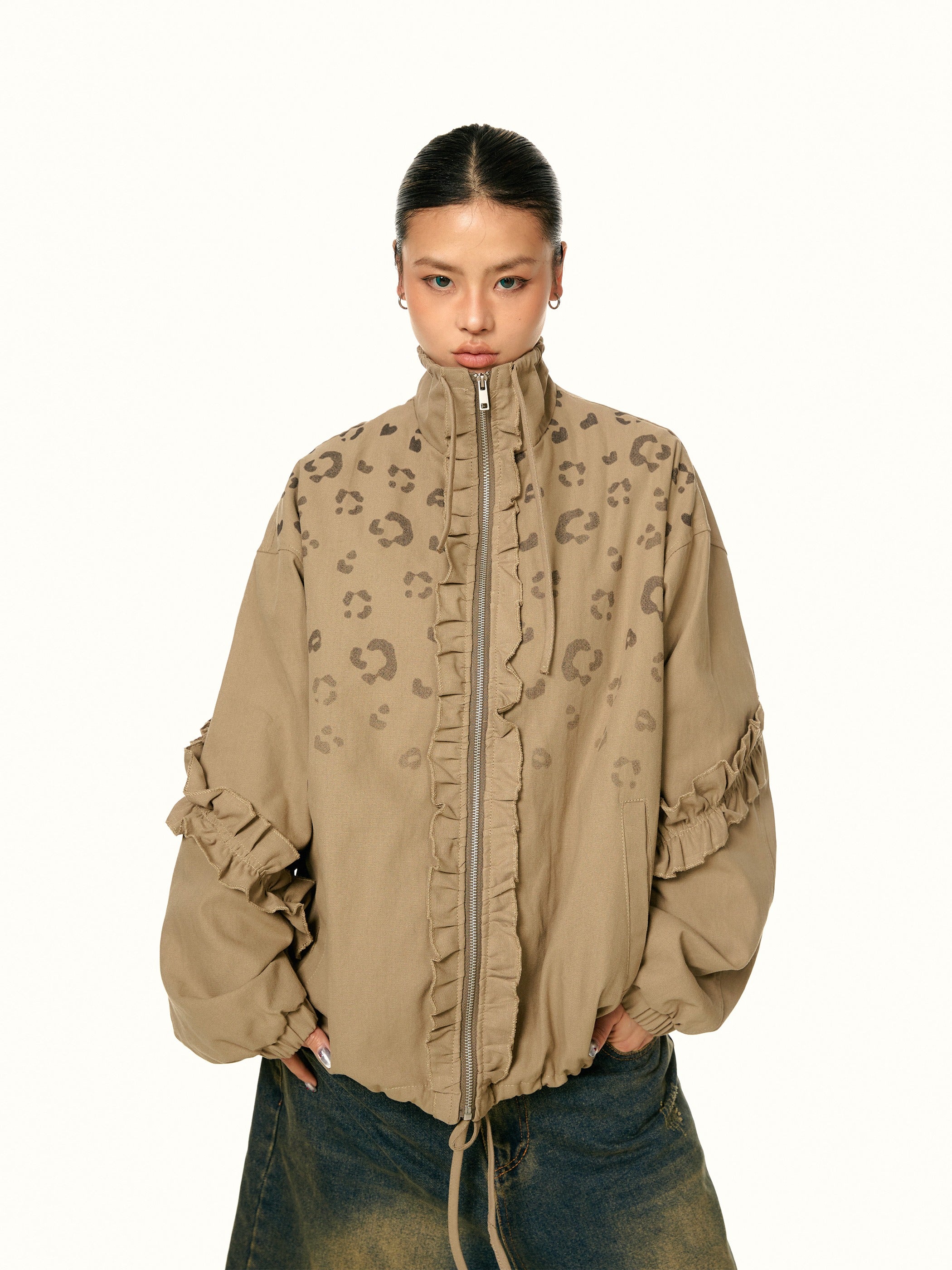 Khaki bomber jacket with leopard print and ruffle details