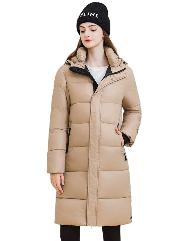Long padded jacket with hood and zippers