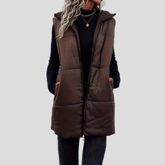 Brown long puffer vest – with hood