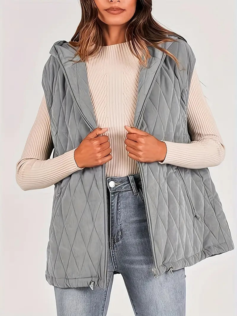 Quilted hooded vest — Diamond pattern, drawstring hem