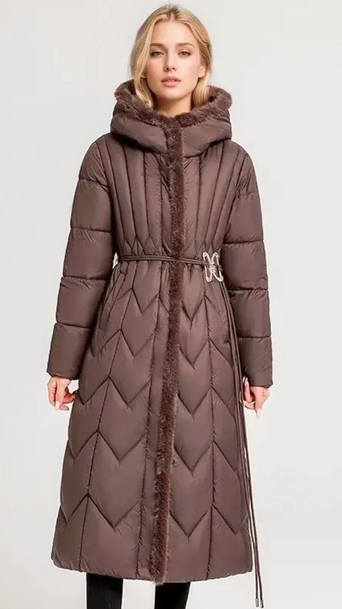 Long padded coat with belt and hood
