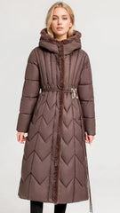 Long padded coat with belt and hood