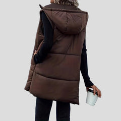 Brown long puffer vest – with hood
