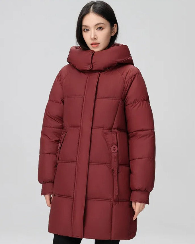 Long puffer jacket with high collar and hood