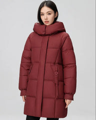 Long puffer jacket with high collar and hood