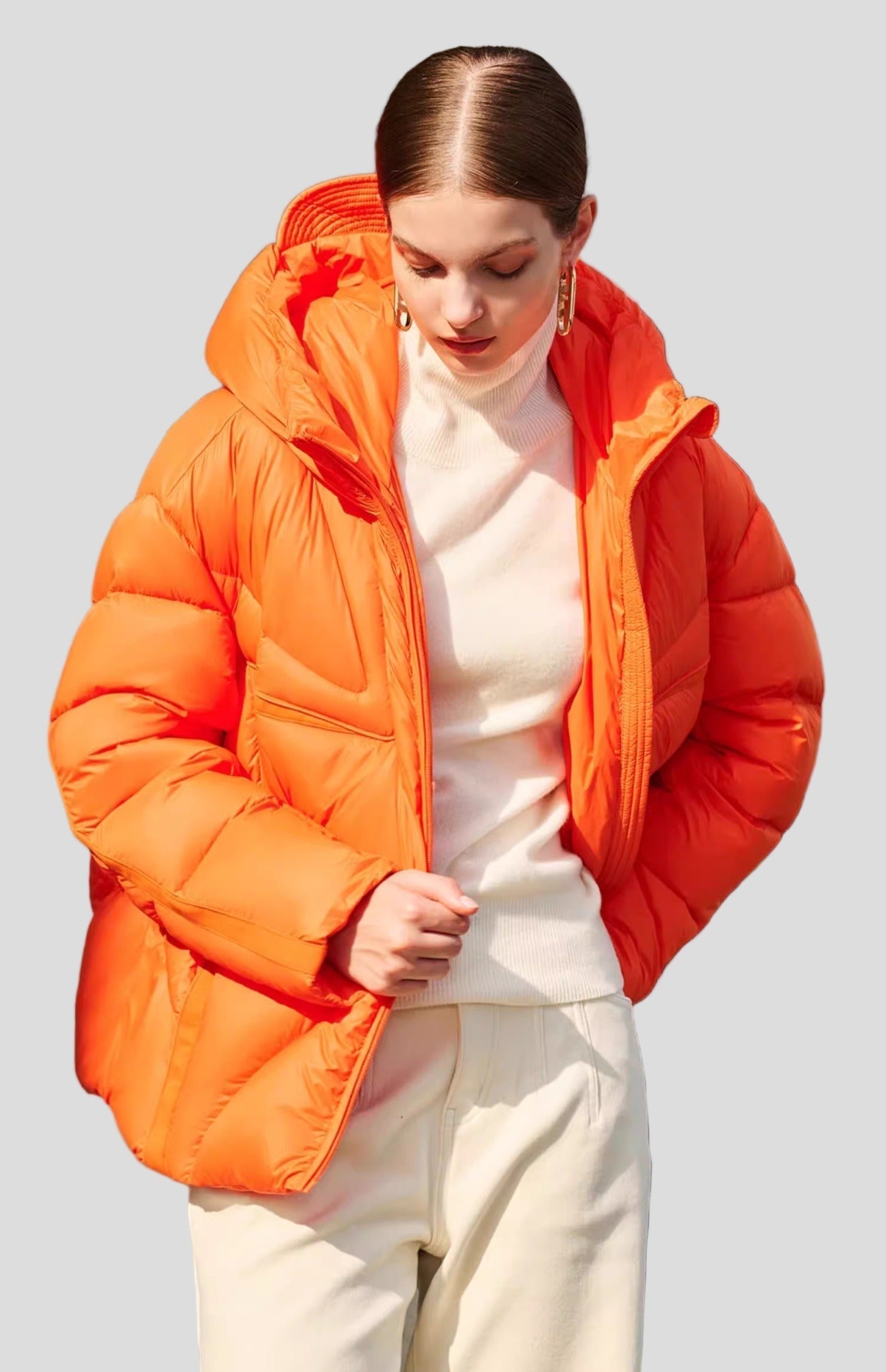 Orange sculpted puffer jacket – oversized hood