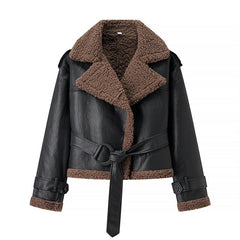 Black winter jacket with fluffy brown collar and belt