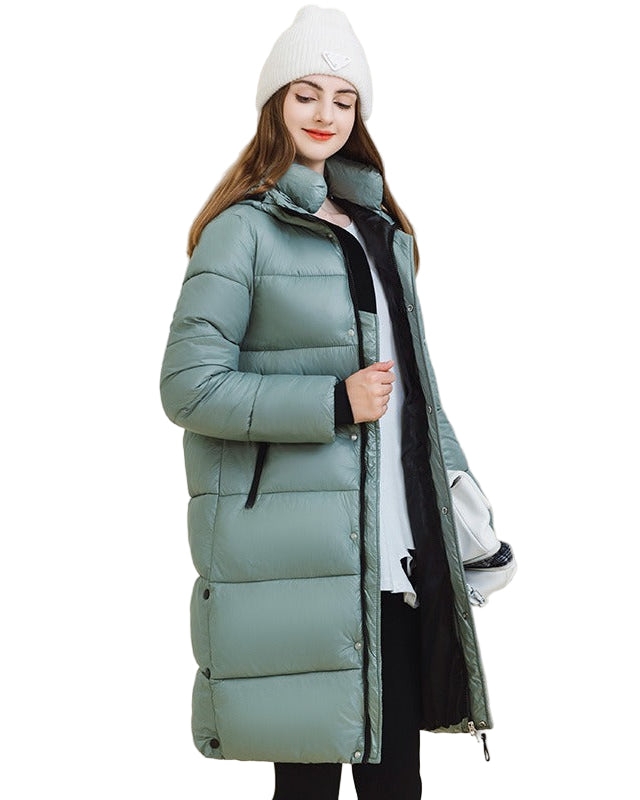 Long padded jacket with hood and zippers