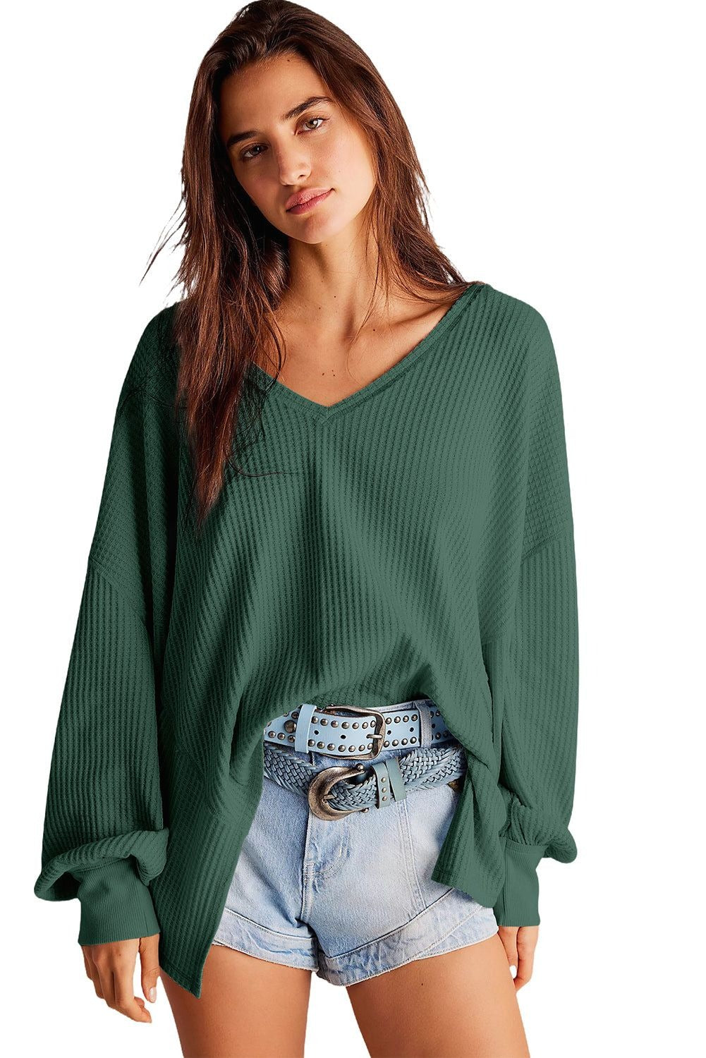V-neck waffled oversized long-sleeved top