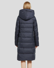 Long padded jacket with hood and zip pockets