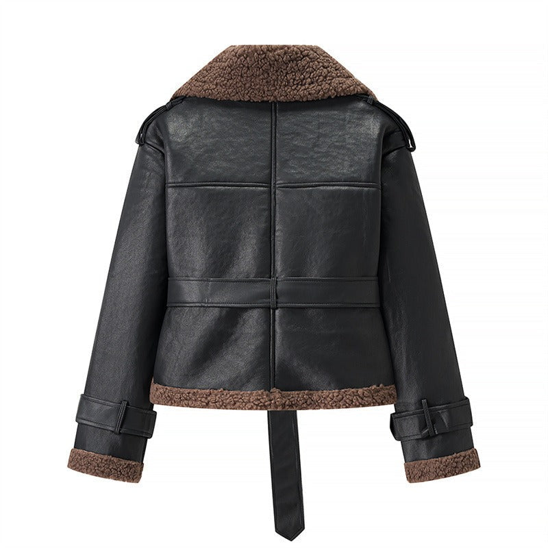 Black winter jacket with fluffy brown collar and belt
