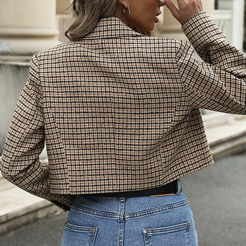 Beige checked cropped blazer
