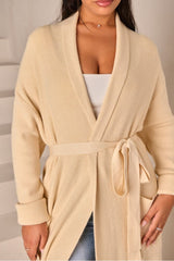 Beige long cardigan with tie belt and shawl collar