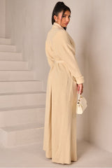 Beige long cardigan with tie belt and shawl collar
