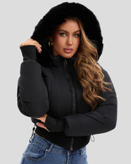 Short puffer jacket with hood – ribbed hem and thumbholes