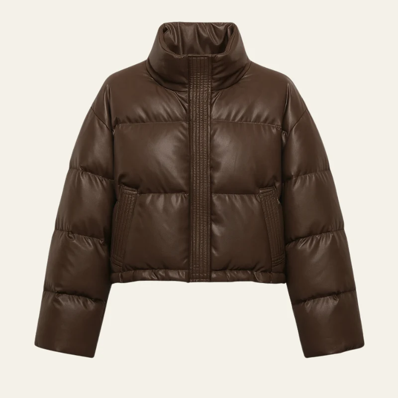 Short puffer jacket with high collar and hidden button closure
