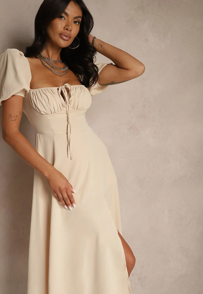 Puff Sleeve Midi Dress with Slit