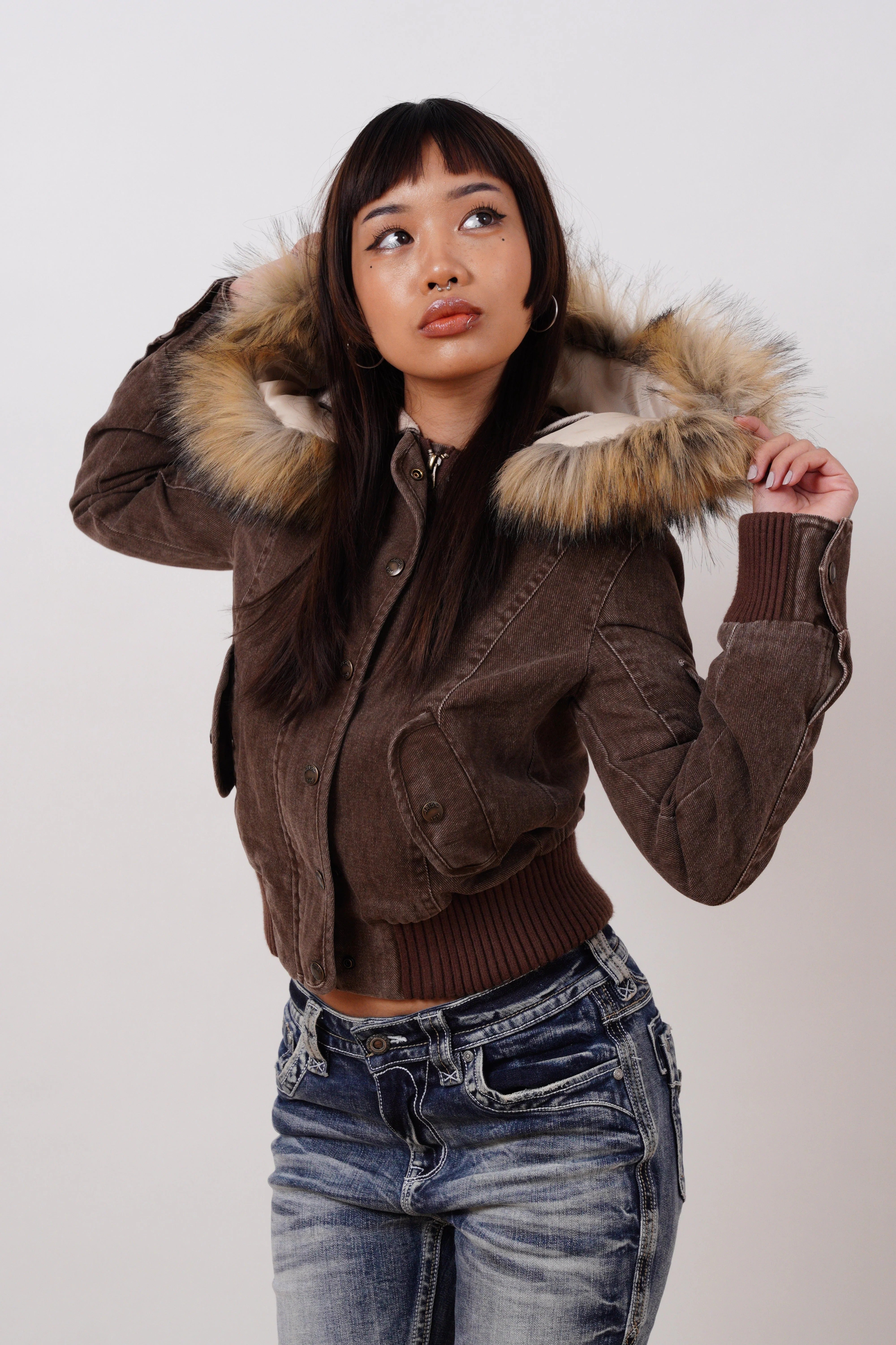 Dark brown short jacket with fur-trimmed hood