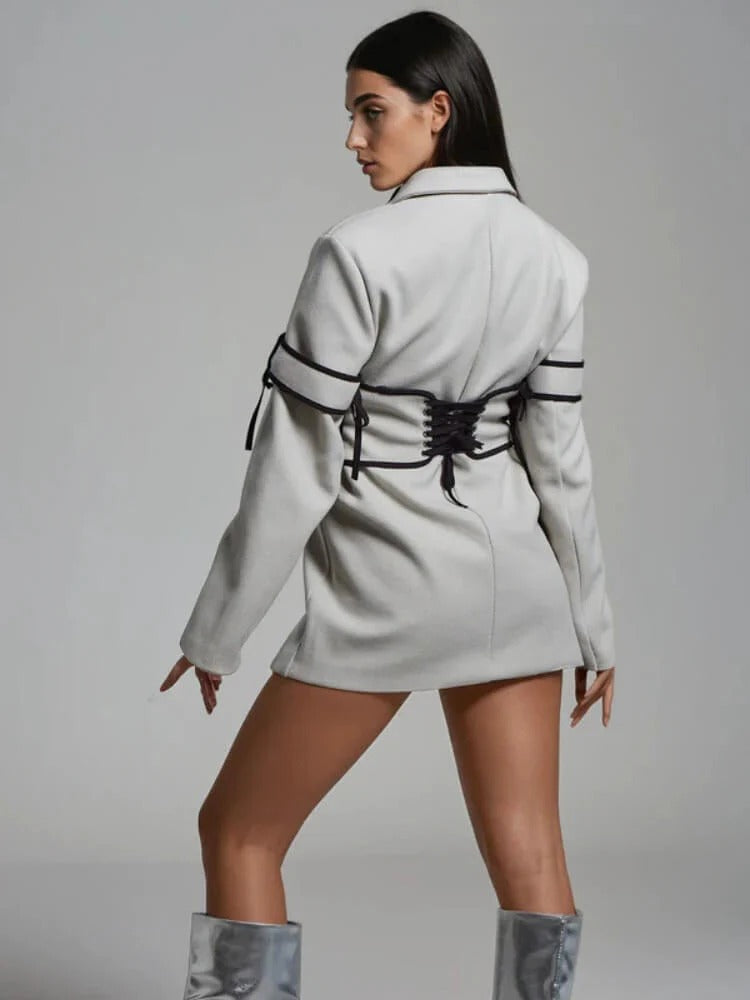 Light Gray blazer with black corset detail in mini length