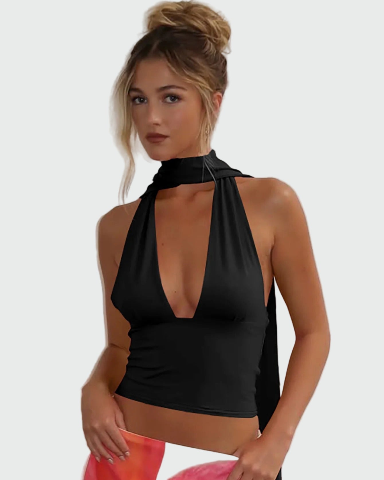 Halterneck top with deep v-neck and scarf band