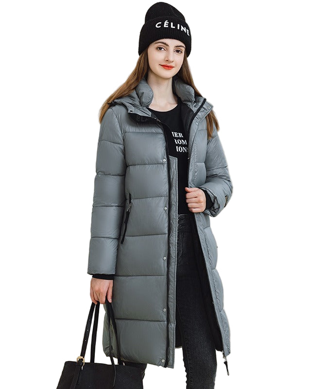 Long padded jacket with hood and zippers