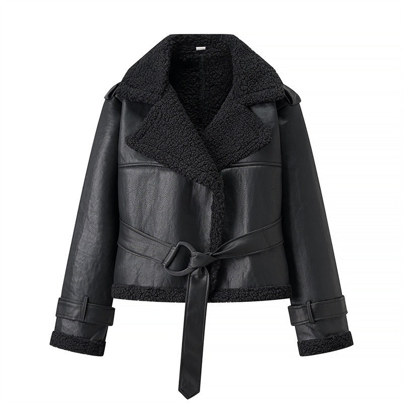 Black winter jacket with fluffy brown collar and belt
