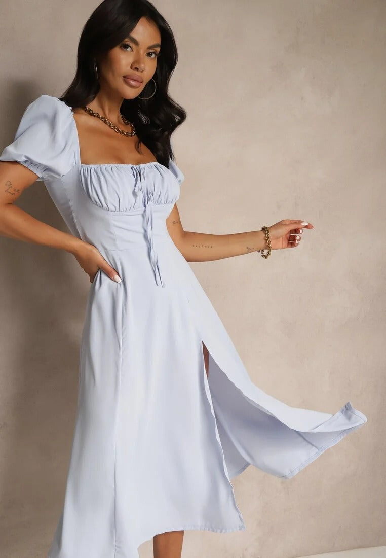 Puff Sleeve Midi Dress with Slit