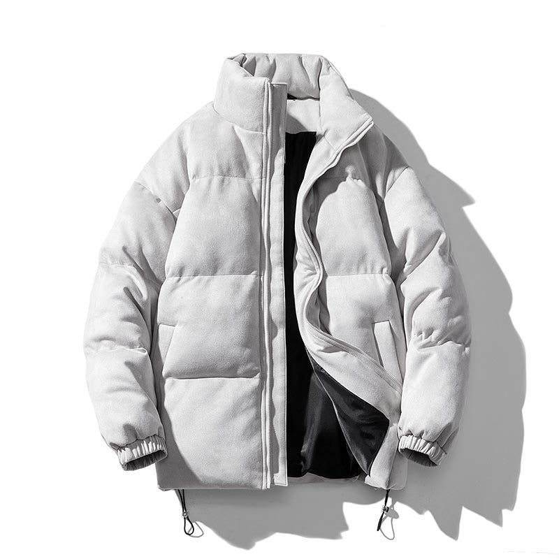 Short puffer jacket with stand-up collar and drawstring at the hem