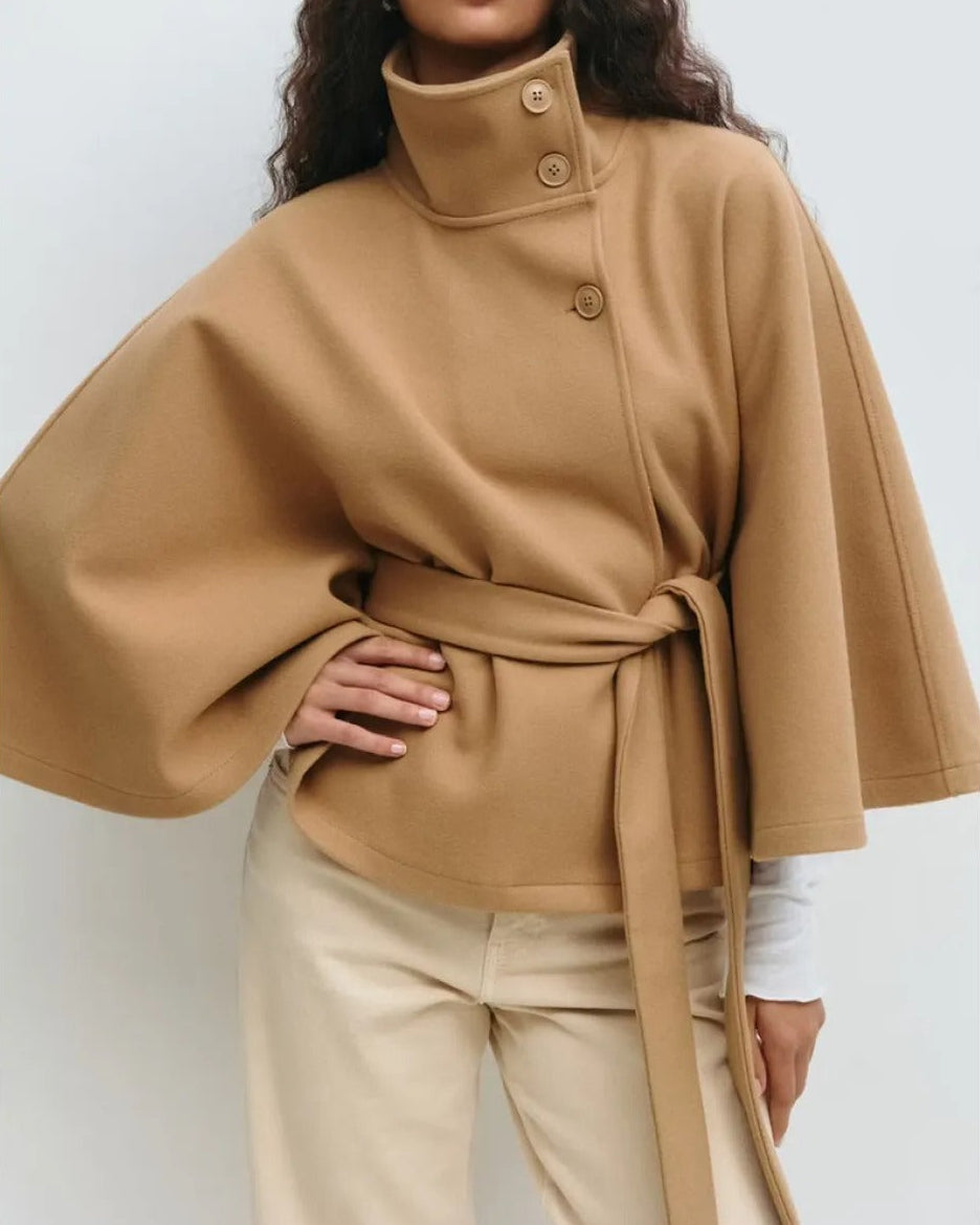 Cape coat with belt and high collar