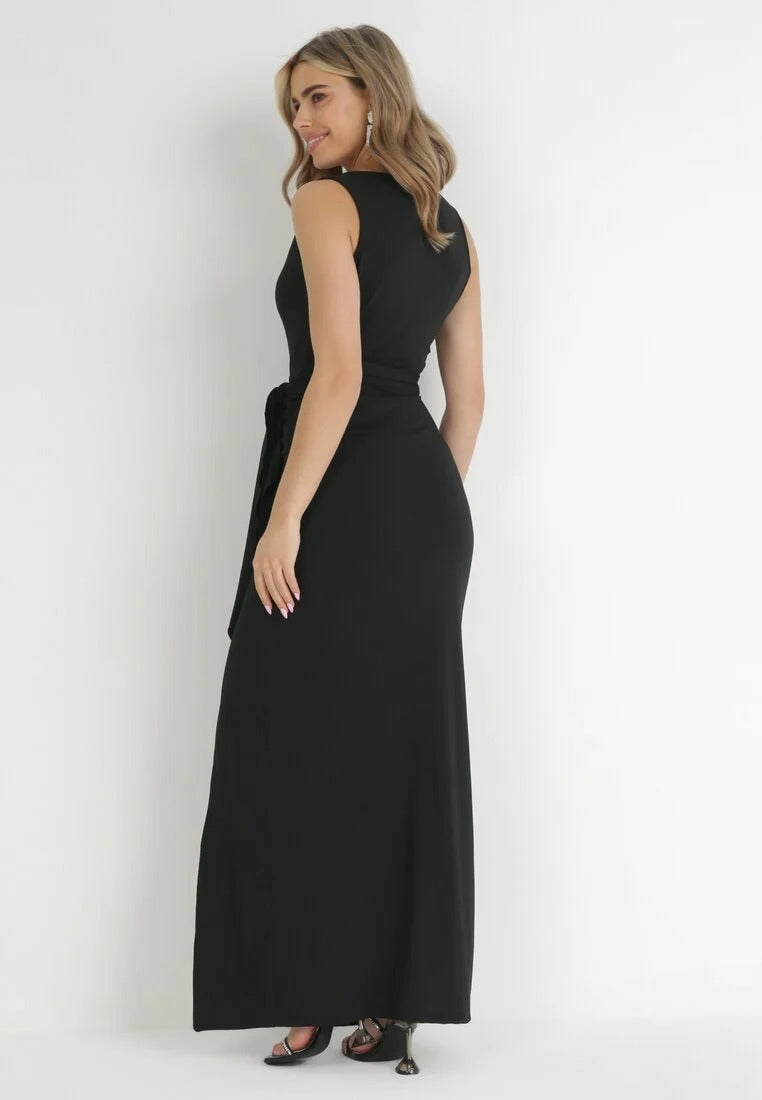 V-neck long dress with slit