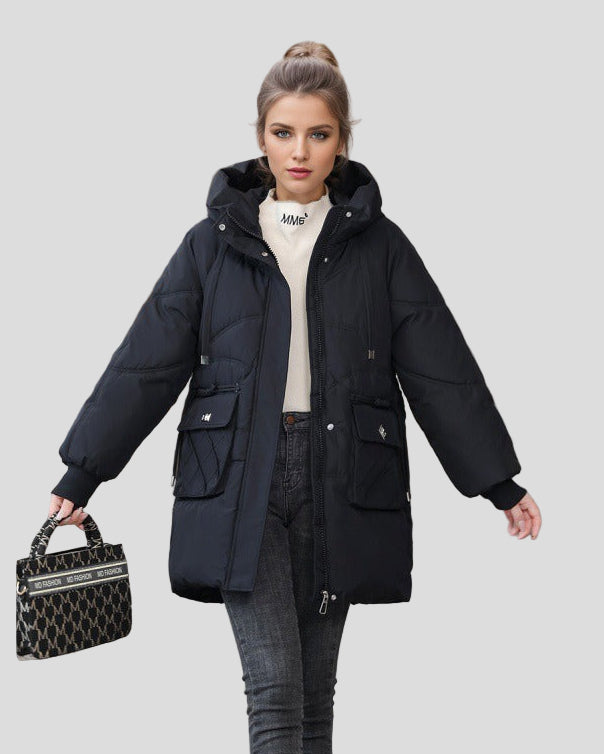 Long padded jacket with hood and pockets