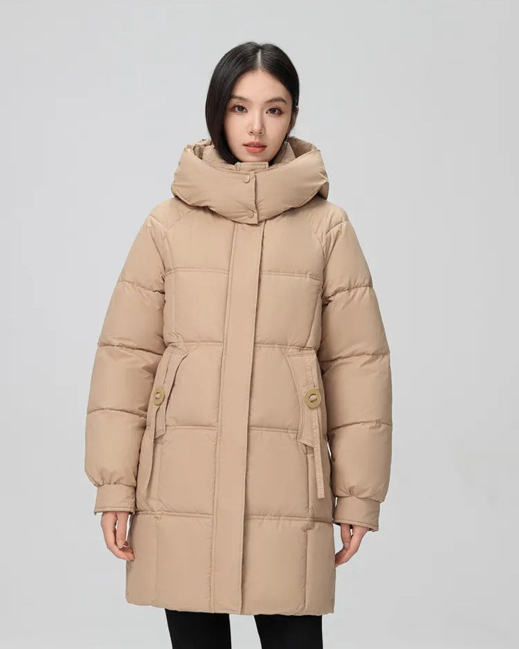 Long puffer jacket with high collar and hood