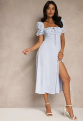 Puff Sleeve Midi Dress with Slit