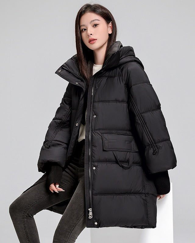 Long padded jacket with hood and pockets