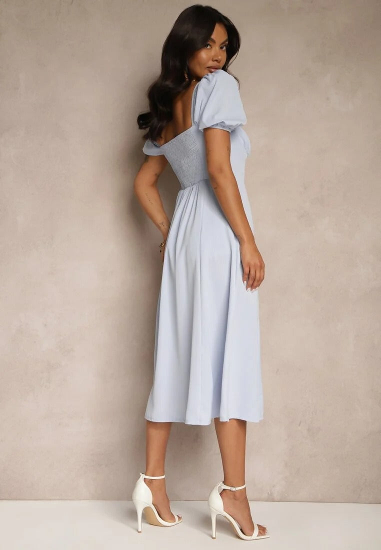 Puff Sleeve Midi Dress with Slit