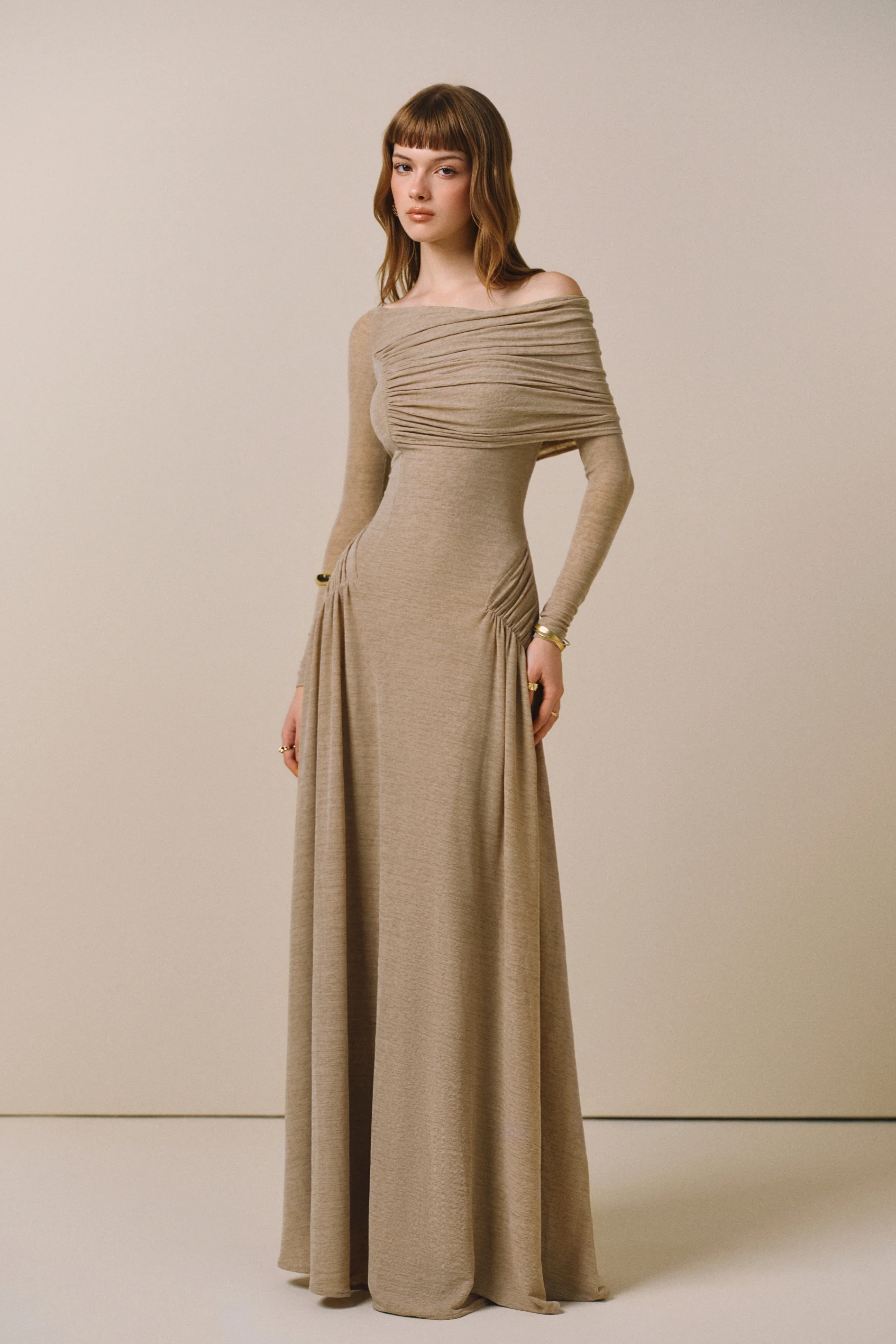 Off-the-shoulder draped maxi dress