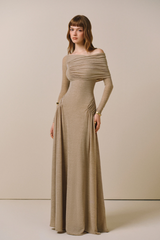 Off-the-shoulder draped maxi dress