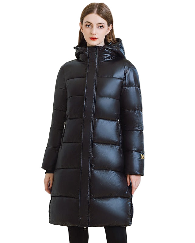 Long padded jacket with hood and zippers