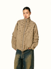 Khaki bomber jacket with leopard print and ruffle details