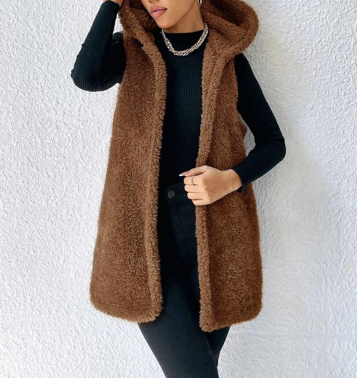 BROWN HOODIE-TEDDY VEST