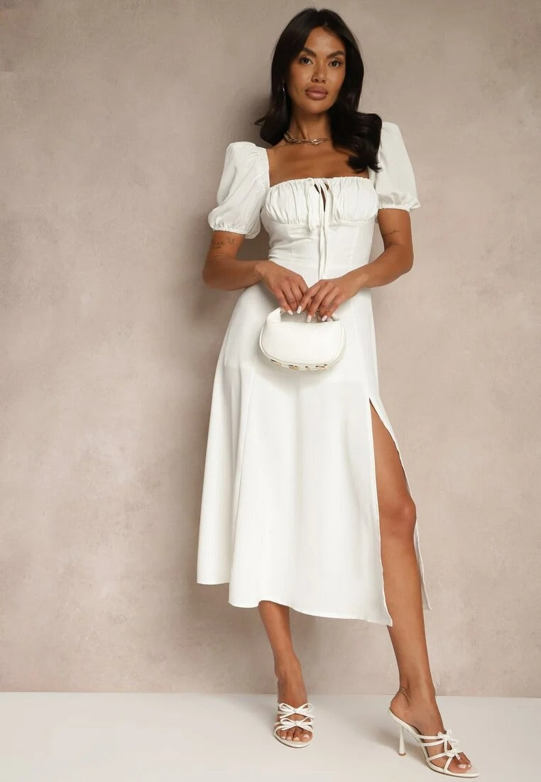 Puff Sleeve Midi Dress with Slit