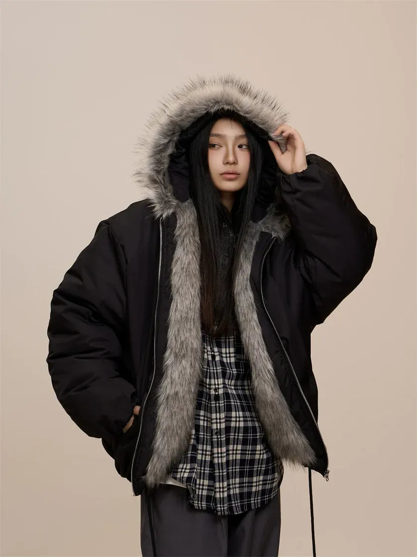Black oversized parka with faux fur detail