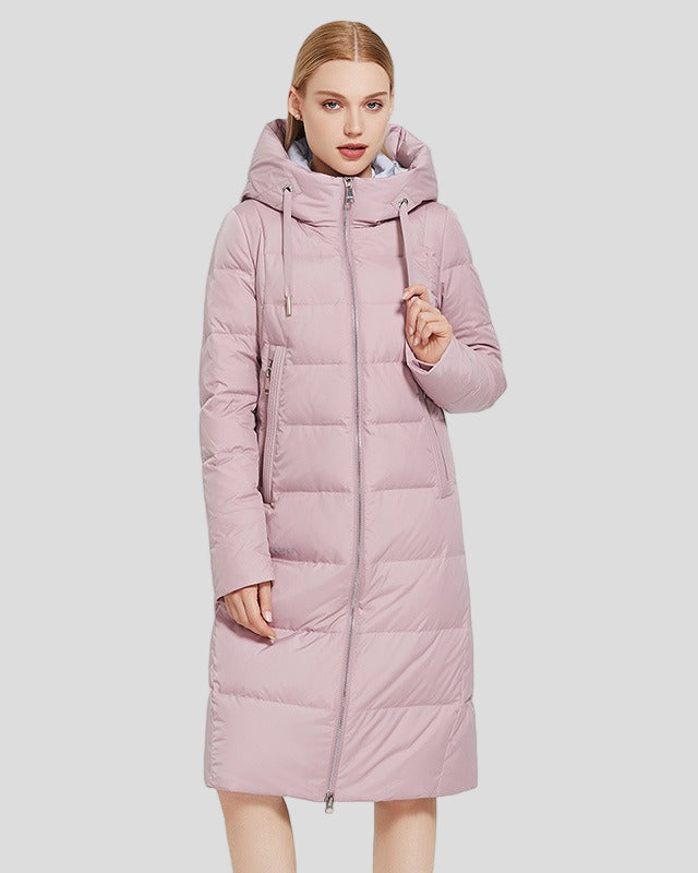 Long padded jacket with hood and zip pockets